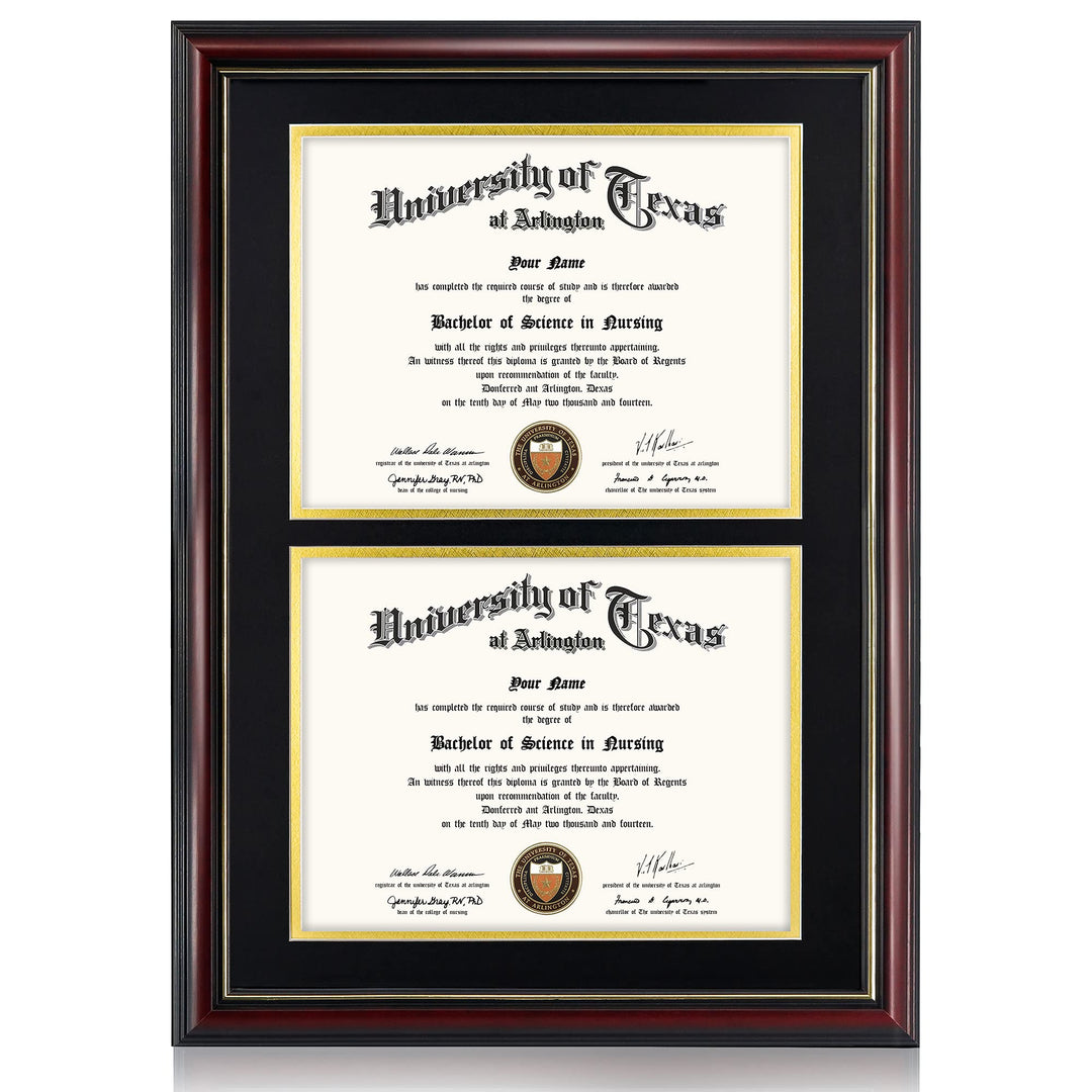 Double 8.5x11 Diploma Frame,Solid Wood &amp; UV Protection Acrylic,Cherry Finish with Gold Trim,Black &amp; Gold Mat
