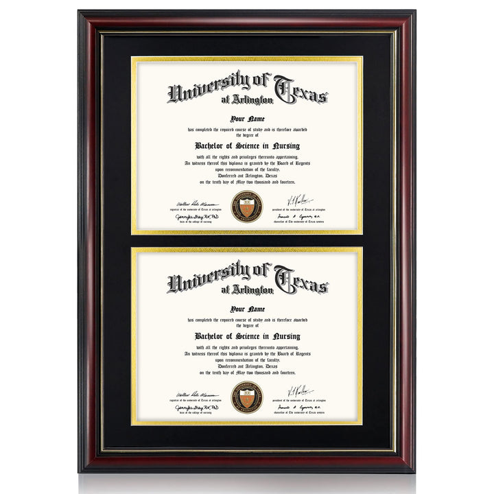 Double 8.5x11 Diploma Frame,Solid Wood &amp; UV Protection Acrylic,Cherry Finish with Gold Trim,Black &amp; Gold Mat
