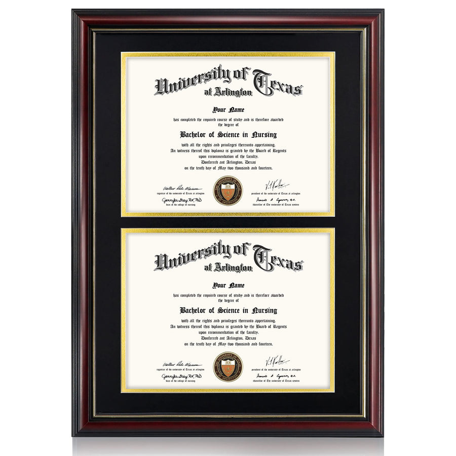 Double 8.5x11 Diploma Frame,Solid Wood & UV Protection Acrylic,Cherry Finish with Gold Trim,Black & Gold Mat