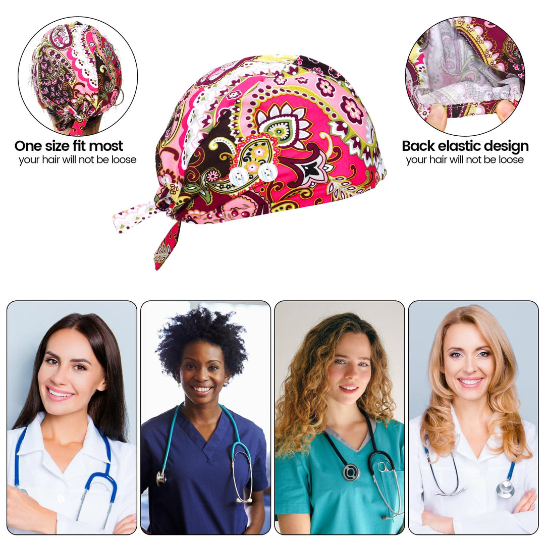 4Pcs Scrub Caps Tie Back Nurse Surgical Hats Men and Women Adjustable Doctor Working Cap with Buttons and Sweatband