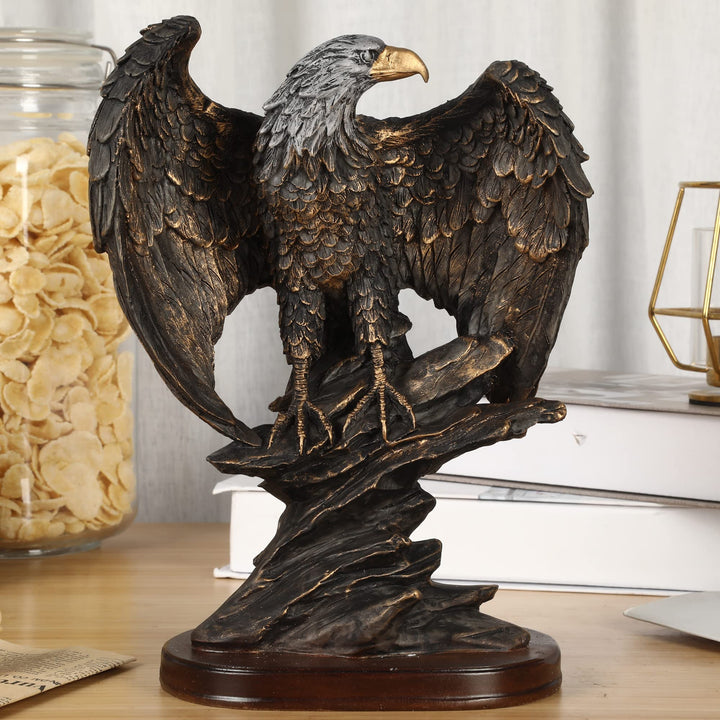 H&amp;W 10.25 Tall Patriotic Eagle On Rocks Statue Wild Bird Eagle Decorative Bronze Patina Resin Figurine