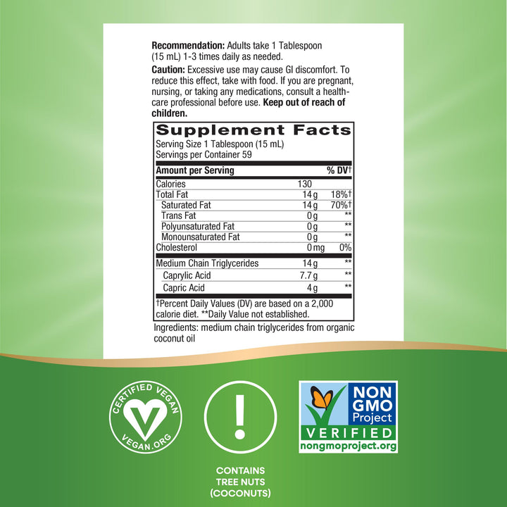 Nature&#39;s Way Organic MCT Oil, 30 Fl Oz, Brain and Body Fuel from Coconuts*, C8 Caprylic Acid and C10 Capric Acid, Keto and Paleo Certified, Organic, Non-GMO Project Verified (Packaging May Vary)