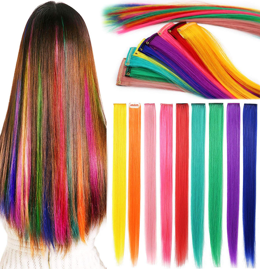 Ccw 9Pcs Wig Pieces For America Girls And Dolls Clip In/On Colored Hair Extensions(Rainbow Color)