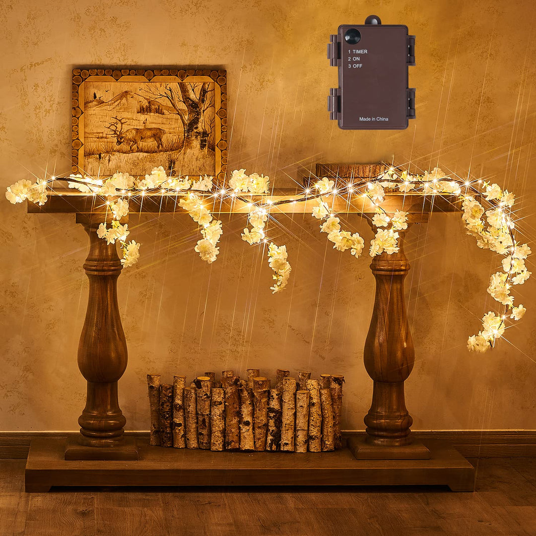 Fudios Lighted White Cherry Blossom Garland Decor with 