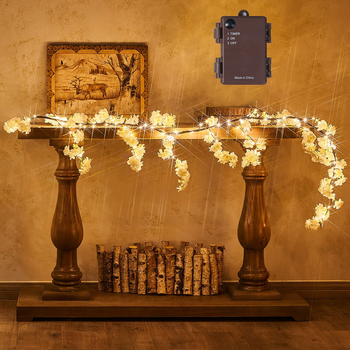 Fudios Lighted White Cherry Blossom Garland Decor with 