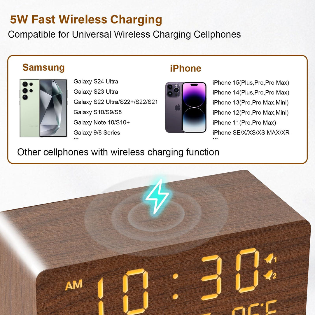 Andoolex Wooden Digital Alarm Clock with Wireless Charg
