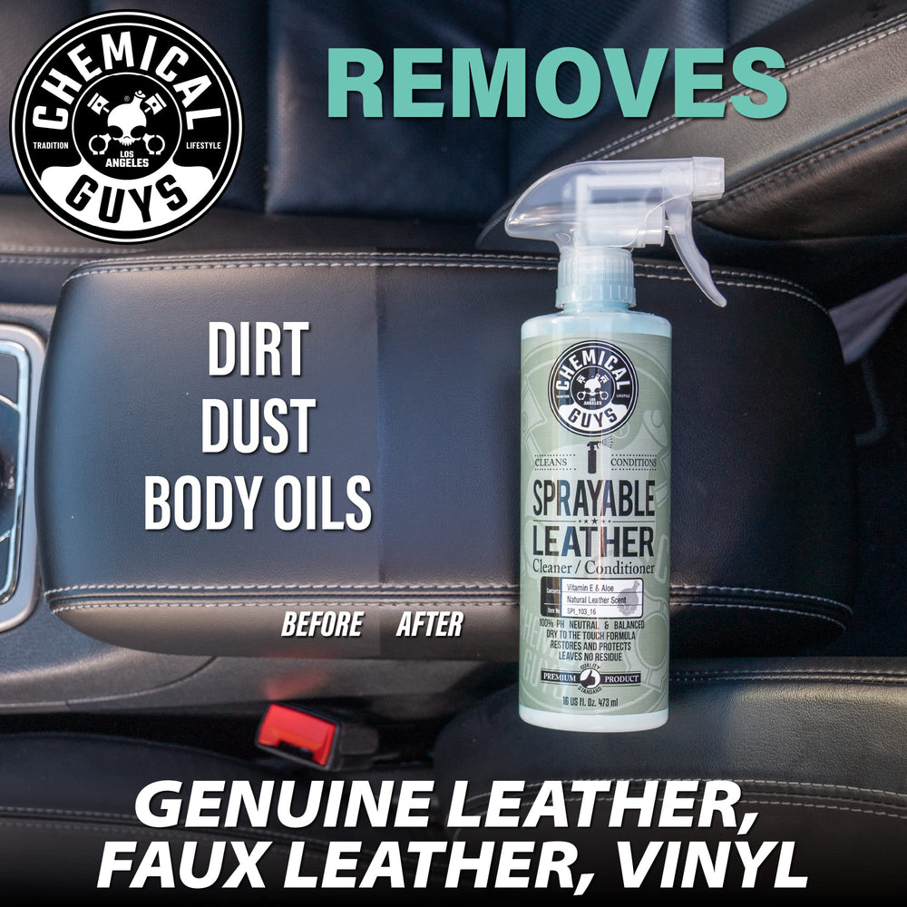 SPI_103_16 Sprayable Leather Cleaner and Conditioner in One for Car Interiors, Apparel, and More (Works on Natural, Synthetic, Pleather, Faux Leather and More) Leather Scent, 16 fl oz