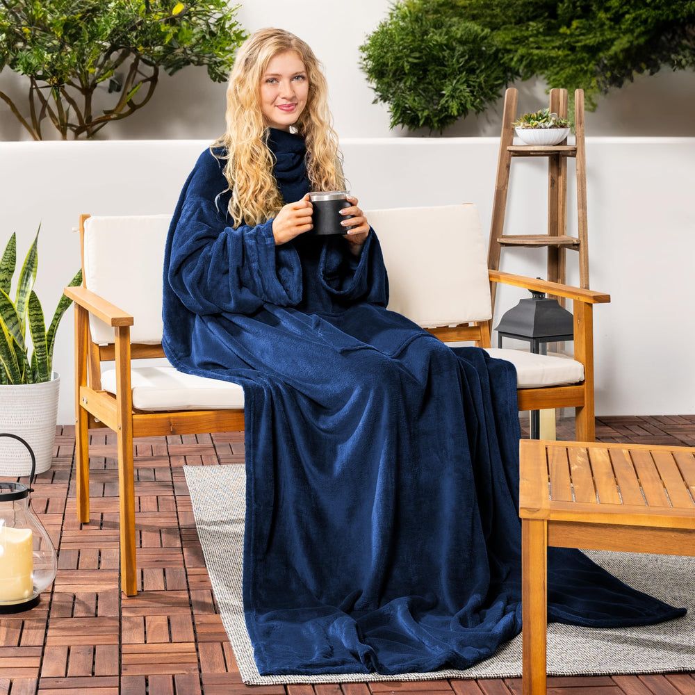 Wearable Blanket with Sleeves for Adult Women Men, Cozy Fleece Warm Wrap Throw Blanket with Arms, Pocket, Gifts for Christmas, Wife, Navy Blue