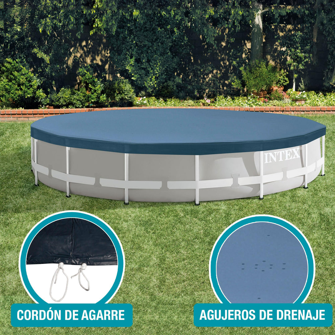 INTEX 28030E Pool Cover: For 10ft Round Metal Frame Pools – Includes Rope Tie – Drain Holes – 10in Overhang – Snug Fit