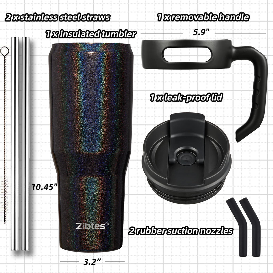 40oz Insulated Tumbler With Lid and Straws, Stainless Steel Double Vacuum Coffee Tumbler With Handle, Keeps Drinks Cold up to 34 Hours or Hot for 12 Hours(Glitter Black 1 pack)