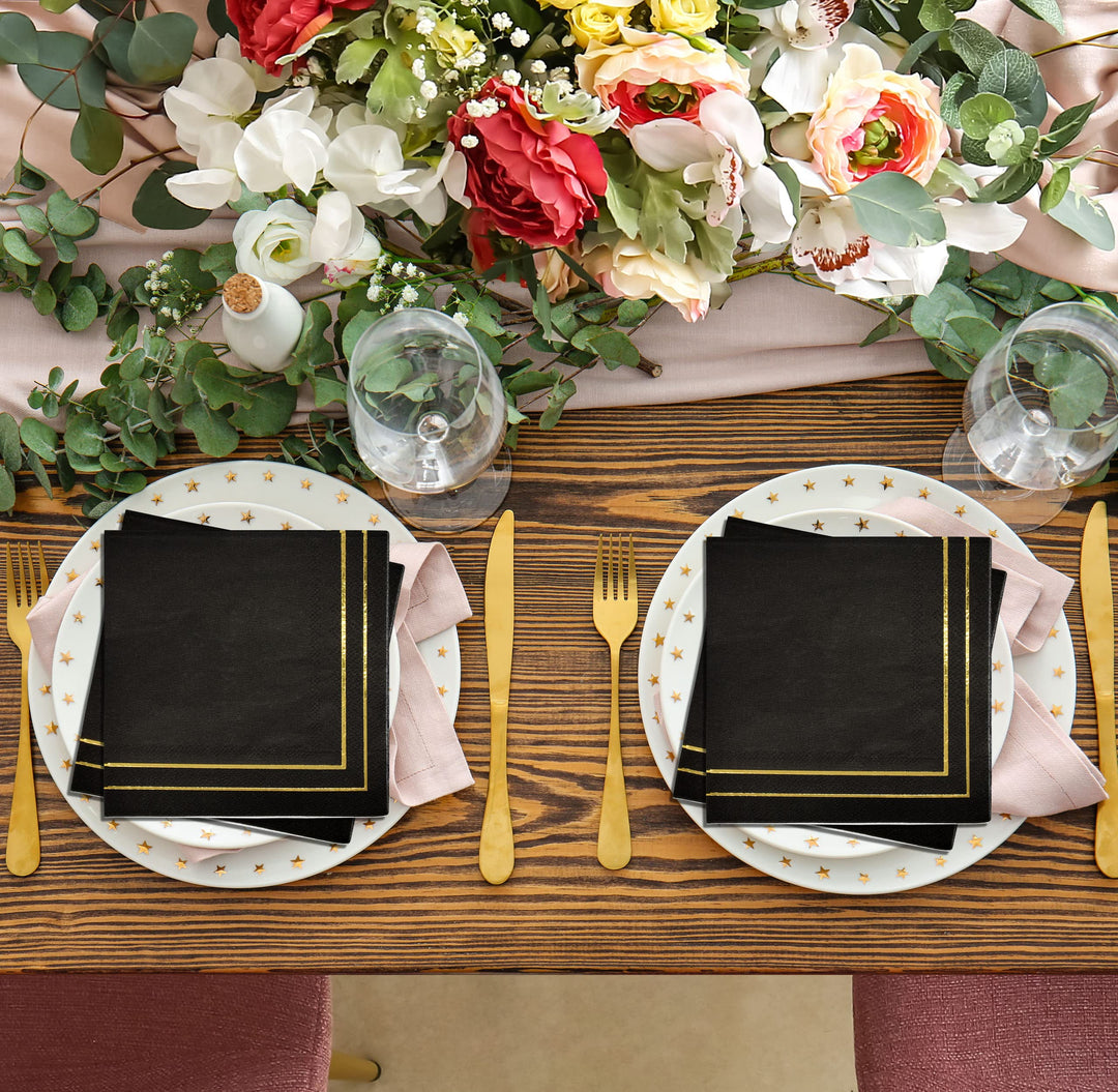 100 Gold and Black Cocktail Beverage Napkins 3 Ply Metallic Gold Foil Trim Stripe Disposable Paper Dessert Napkin for Wedding Holiday Baby Shower Graduation Party Supplies Decorations