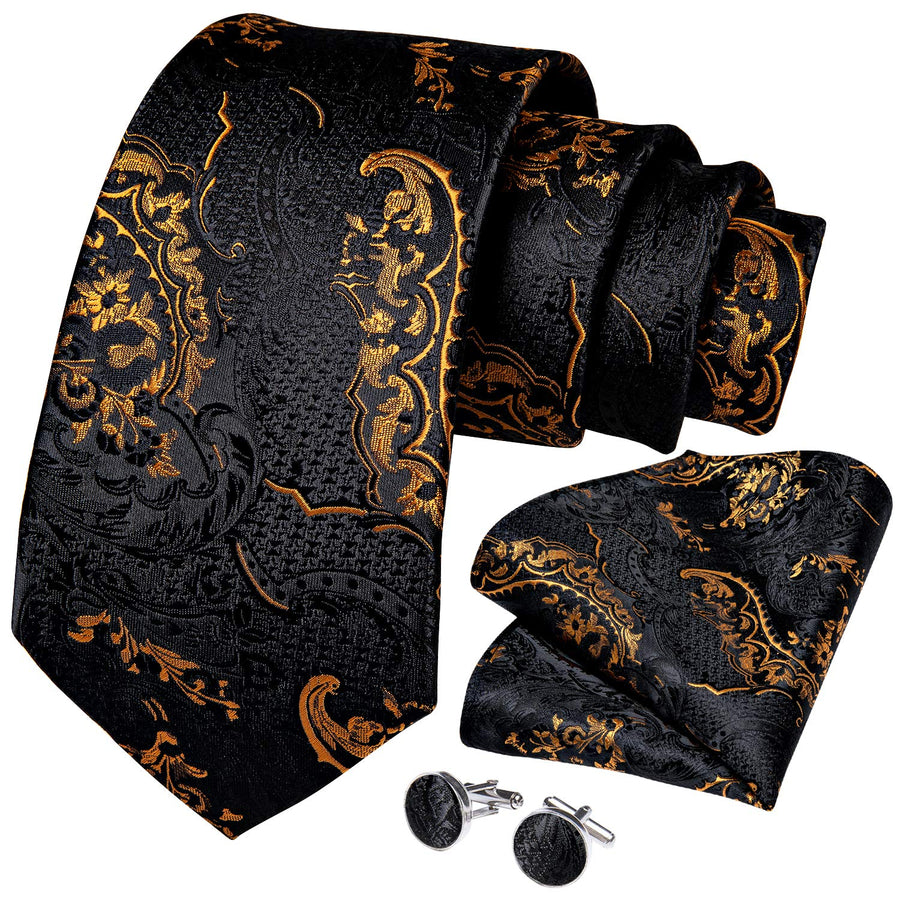 Mens Tie Set Silk Solid Paisley Necktie and Pocket Square Cufflinks Classic Formal Ties for Men Wedding Party, Black Gold