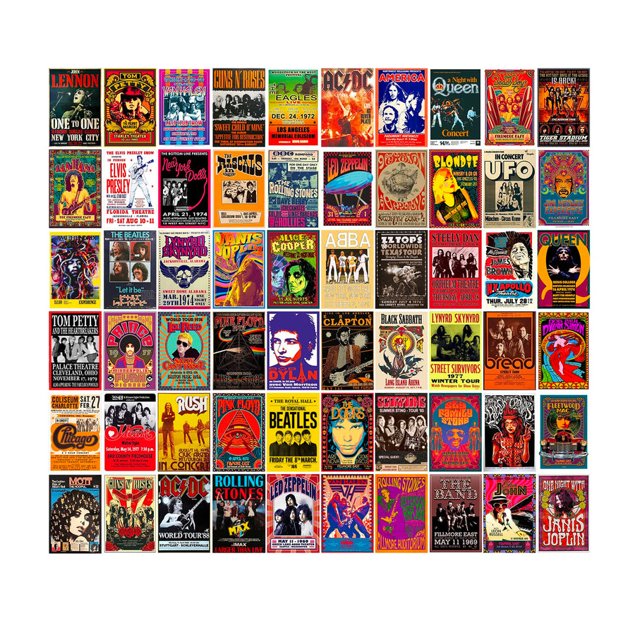 60 PC Vintage Rock Band Posters, 70s 80s 90s Retro Concert Prints, Bedroom Wall Art, Album Cover Collage, 4x6 Inch (Set of 60)