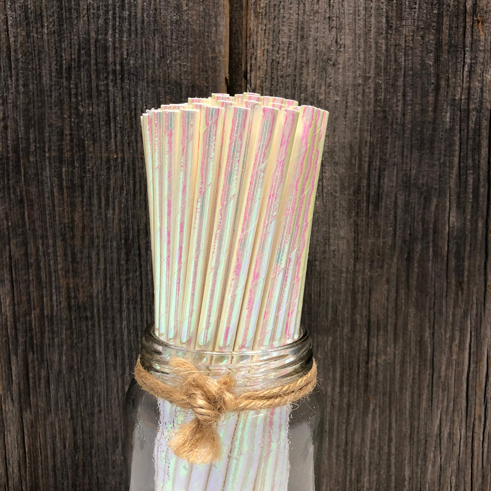 Iridescent Paper Straws - White - 7.75 Inches - 100 Pac