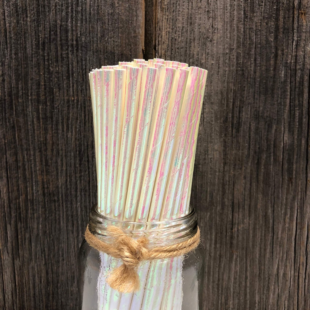 Iridescent Paper Straws - White - 7.75 Inches - 100 Pac