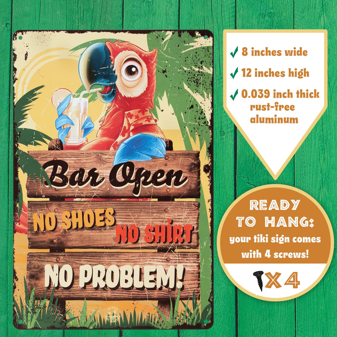 Tiki Bar Sign, Tiki Bar Decor with No Shoes, No Shirt, No Problem Design, 8x12, 4 Screws Incl, Fun Tiki Sign for Your Tiki Bar, Tiki Bar Decorations for Outside Patio
