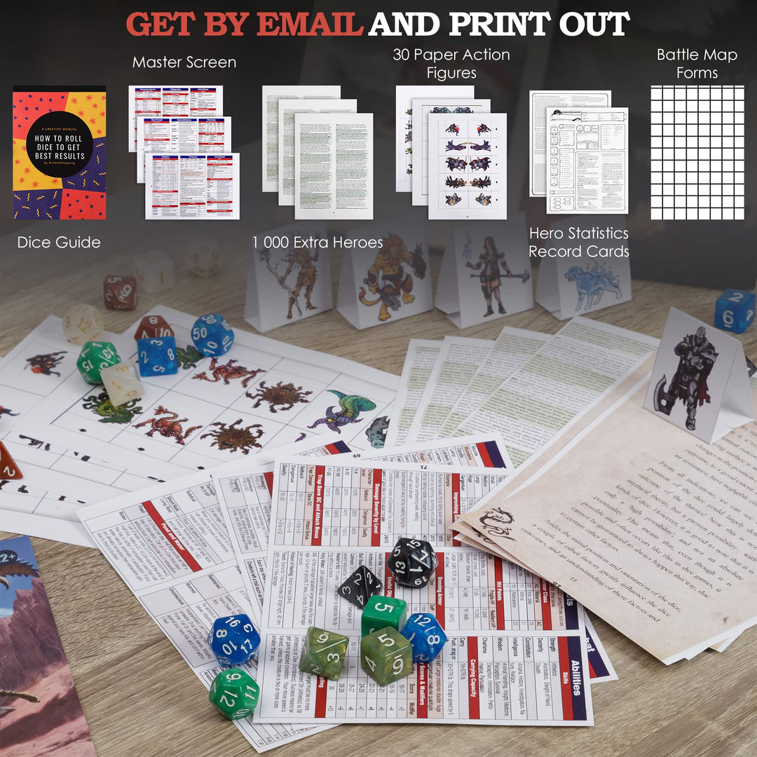 Dungeons and Dragons Essentials Kit - Starter Set Bundled Extra 6 Dice Sets, Flannel Bags, Master Screen, Figures, New Heroes, Dice Guide, Statistic Sheets - DND 5th Edition Rolling Board Game