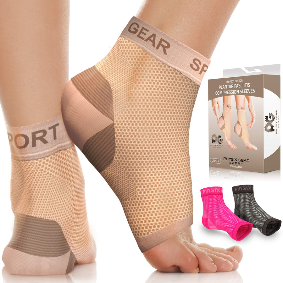 Physix Gear Plantar Fasciitis Socks for Men & Women, Best Foot discomfort & Arch Support Planter Facetious Socks, Compression Foot Sleeves Planter Fasciated Socks for, Beige/Nude (1 Pair), L/XL