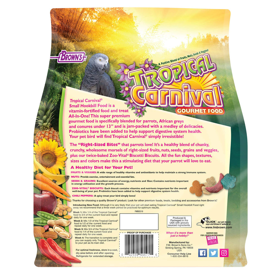 F.M. Brown's Tropical Carnival Gourmet Bird Food for Parrots, African Greys, and Conures Under 13, Probiotics for Digestive Health, Vitamin-Nutrient Fortified Daily Diet - 5 lb.