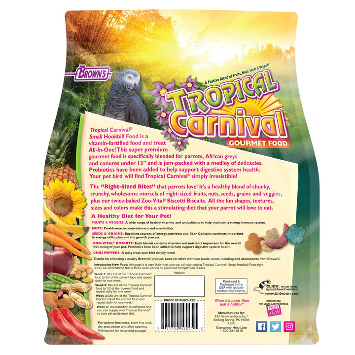 F.M. Brown's Tropical Carnival Gourmet Bird Food for Parrots, African Greys, and Conures Under 13, Probiotics for Digestive Health, Vitamin-Nutrient Fortified Daily Diet - 5 lb.