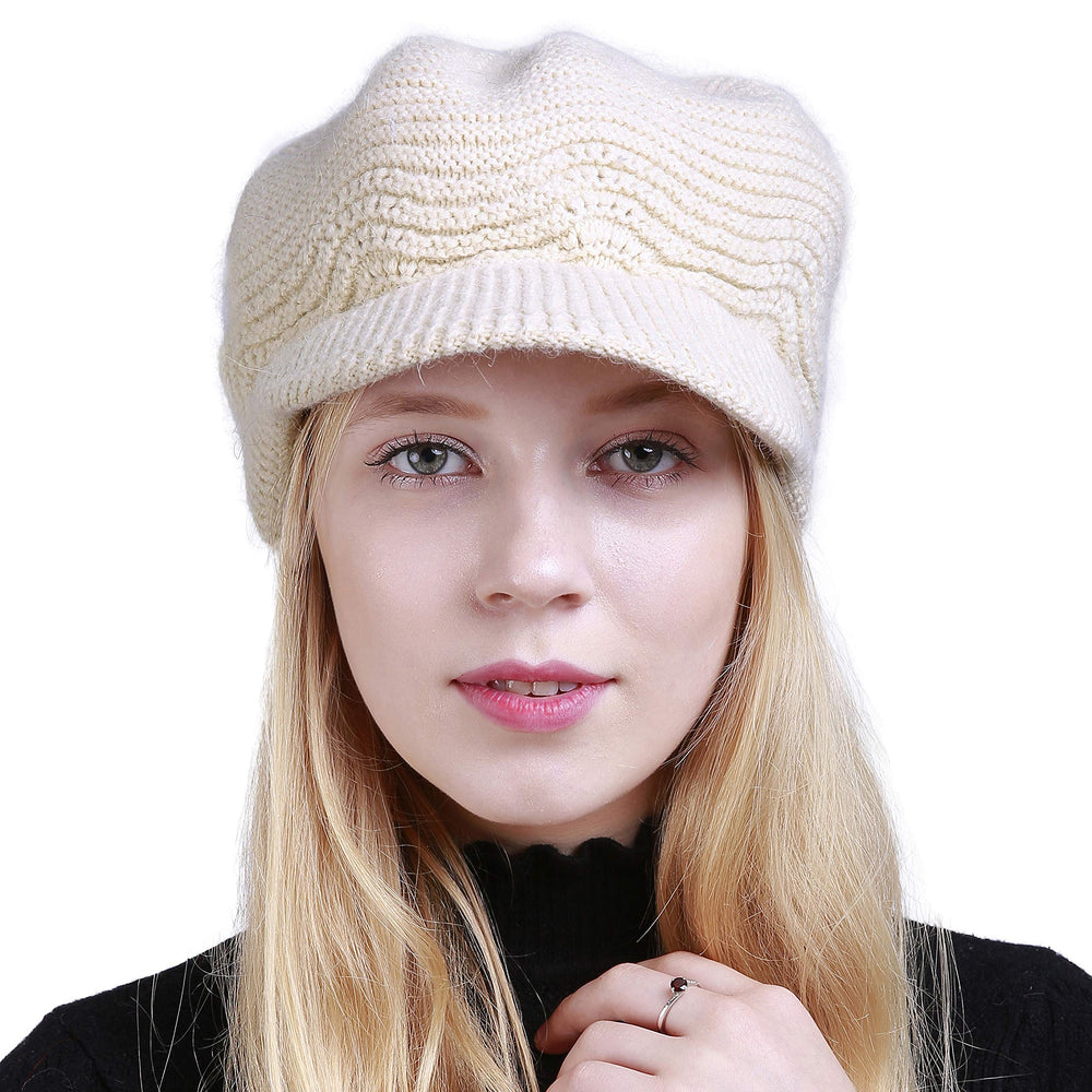 Women's Winter Hat Slouchy Cable Knit Visor Beanie Crochet Newsboy Beret Hats Warm Snow Ski Skull Cap with Brim Beige