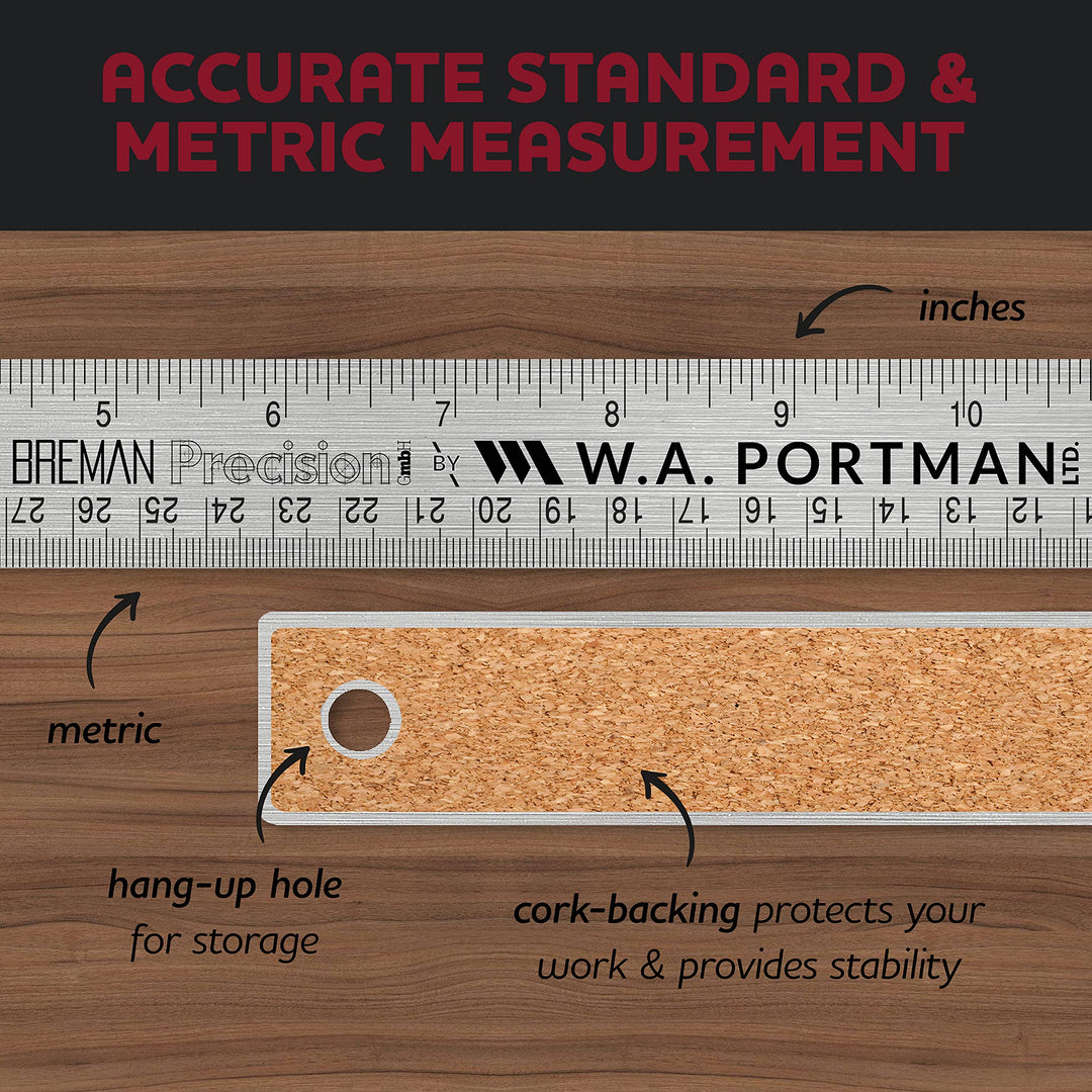 Metal Ruler 12 Inch Cork Back - Stainless Steel Metal Ruler with Cork Backing - Straight Edge 12 inch Metal Ruler - Flexible Stainless Steel Ruler - Imperial &amp; Metric Ruler 12 Inch