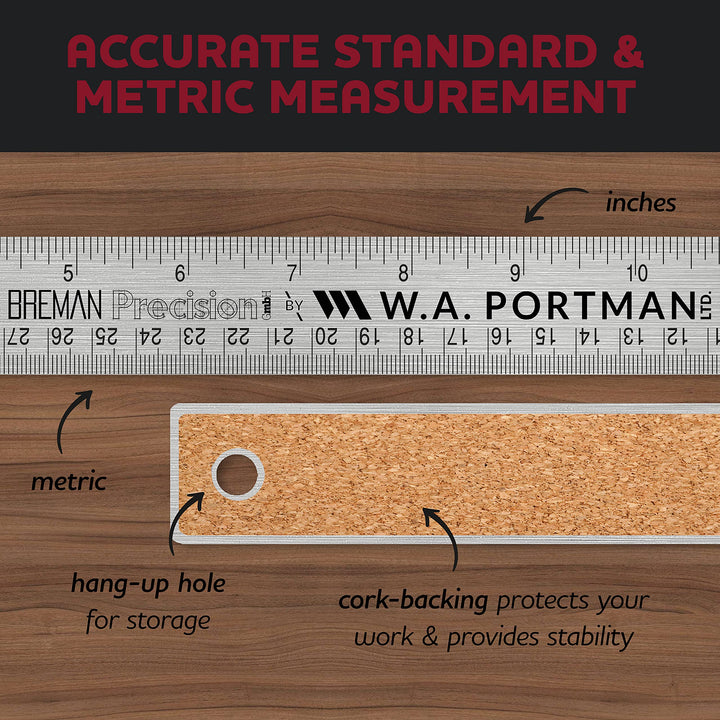 Metal Ruler 12 Inch Cork Back - Stainless Steel Metal Ruler with Cork Backing - Straight Edge 12 inch Metal Ruler - Flexible Stainless Steel Ruler - Imperial &amp; Metric Ruler 12 Inch