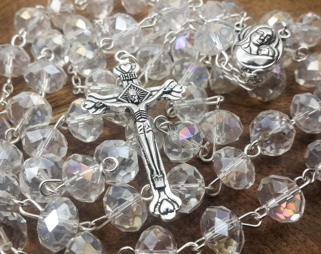 White Clear Crystal Beads Rosary Prayer Beaded Necklace with Holy Soil Medal and Jesus Cross Communion Rosary
