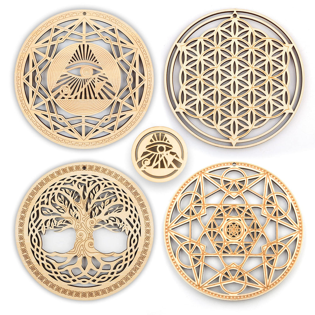 5.31 Sacred Geometry Wall Art 4 PCS Set, (The Eye of Horus, The Flower of Life, The Tree of Life, Metatron&#39;s Cube) Crystal Grid Meditation Chakra Wooden Wall Art Yoga Decor Spiritual Gifts
