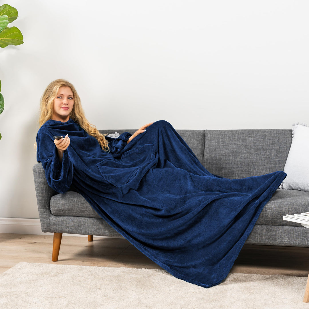 Wearable Blanket with Sleeves for Adult Women Men, Cozy Fleece Warm Wrap Throw Blanket with Arms, Pocket, Gifts for Christmas, Wife, Navy Blue