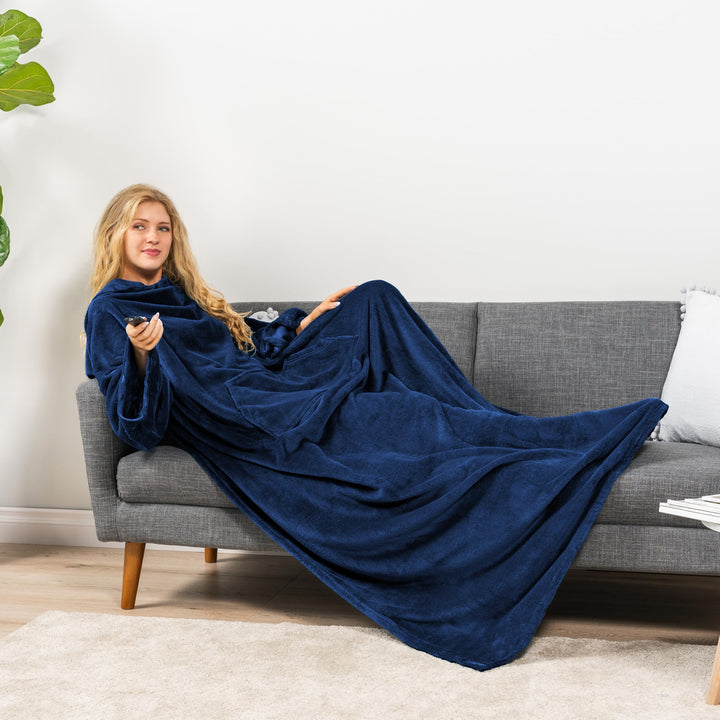 Wearable Blanket with Sleeves for Adult Women Men, Cozy Fleece Warm Wrap Throw Blanket with Arms, Pocket, Gifts for Christmas, Wife, Navy Blue