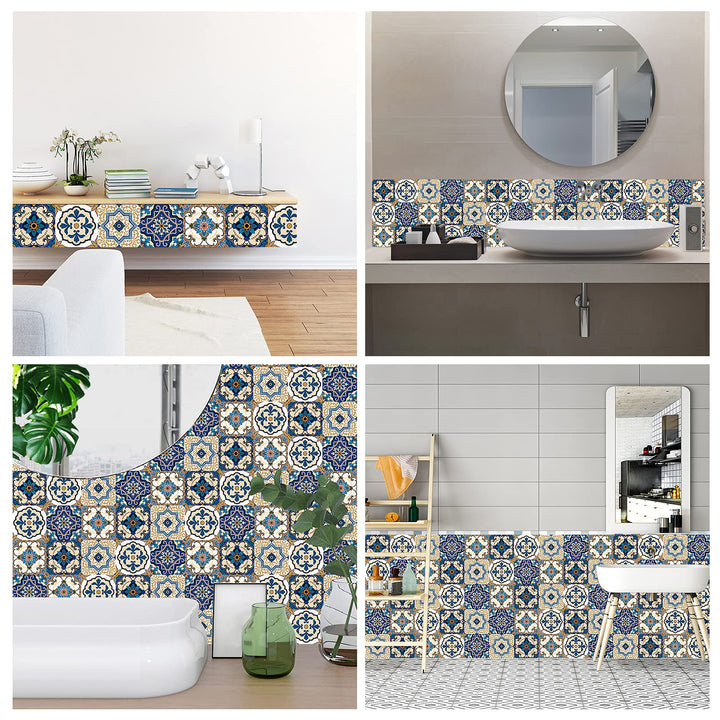 Kakofaci Bohemian Style 12 Pcs (6x6 in) Decorative Tile Stickers,Peel and Stick Wallcovering Self-Adhesive Waterproof Vinyl Tile Stickers for Kitchen Living Room Floor(Blue)