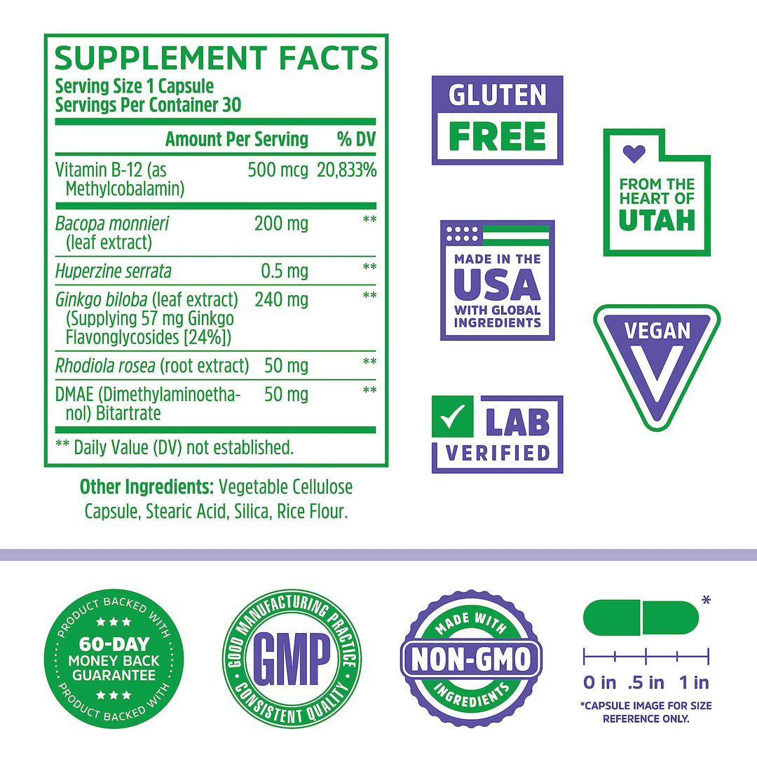 Zhou Neuro-Peak - Brain Supplements for Memory and Focus, Nootropic for Men &amp; Women, Brain Support Pill for Adults, Brain Vitamins - 30 Veggie Capsules (Pack of 1)