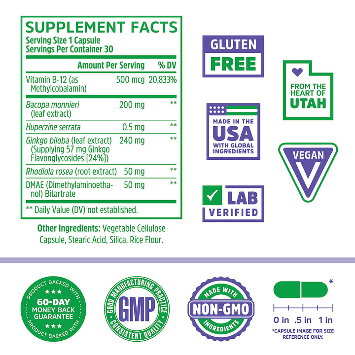 Zhou Neuro-Peak - Brain Supplements for Memory and Focus, Nootropic for Men &amp; Women, Brain Support Pill for Adults, Brain Vitamins - 30 Veggie Capsules (Pack of 1)