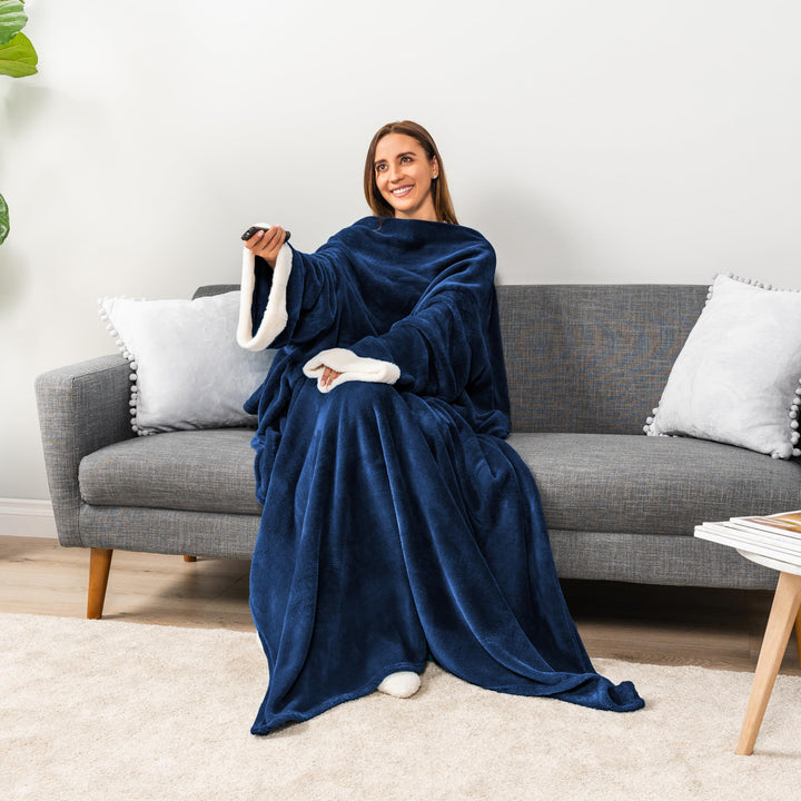 Fleece Blanket with Sleeves for Women Men Adults, Wearable Blanket Warm Soft Plush, Hug Sleep Pod Snuggle Pocket Sleeved TV Throw Wrap, Cozy White Elephant Gifts Ideas for Mom Wife, Navy Blue