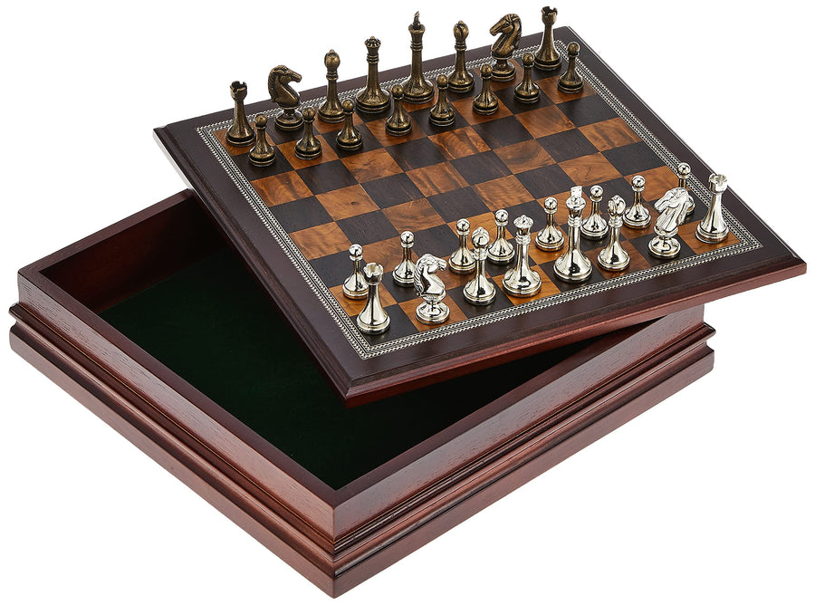 Metal Chess Set with Deluxe Wood Board and Storage - 2.5 King, Gold/Silver/Brown (985)