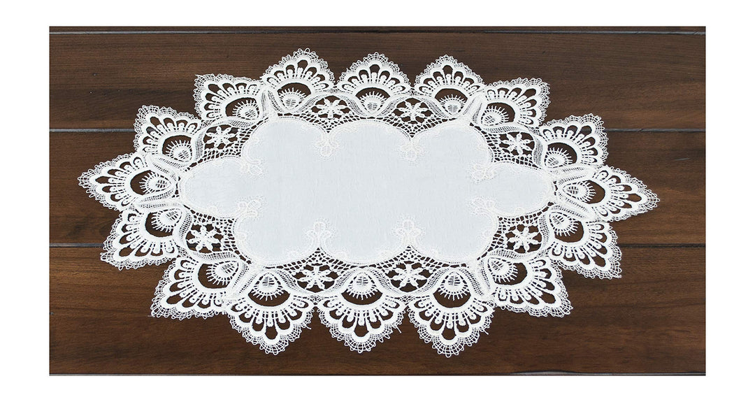 White European Lace and Antique Jacquard Fabric Peacock Tail Lace Place mat, Doily, End Table Cover (13Wx20L)