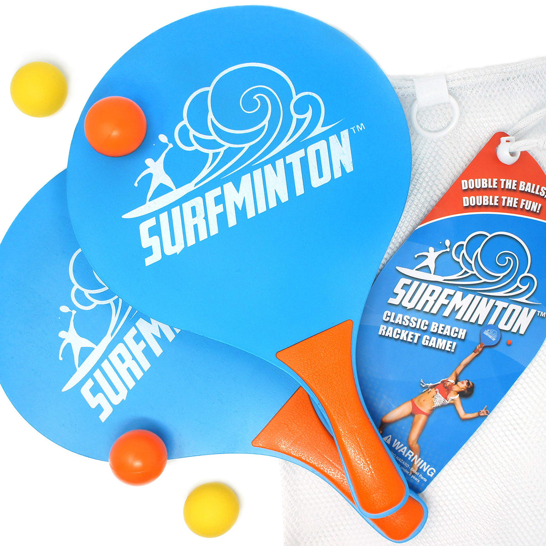 Surfminton Classic Blue and Orange Beach Tennis Wooden Paddle Game Set (4 Balls, 2 Thick Water Resistant Wooden Rackets, 1 Reusable Mesh Bag)
