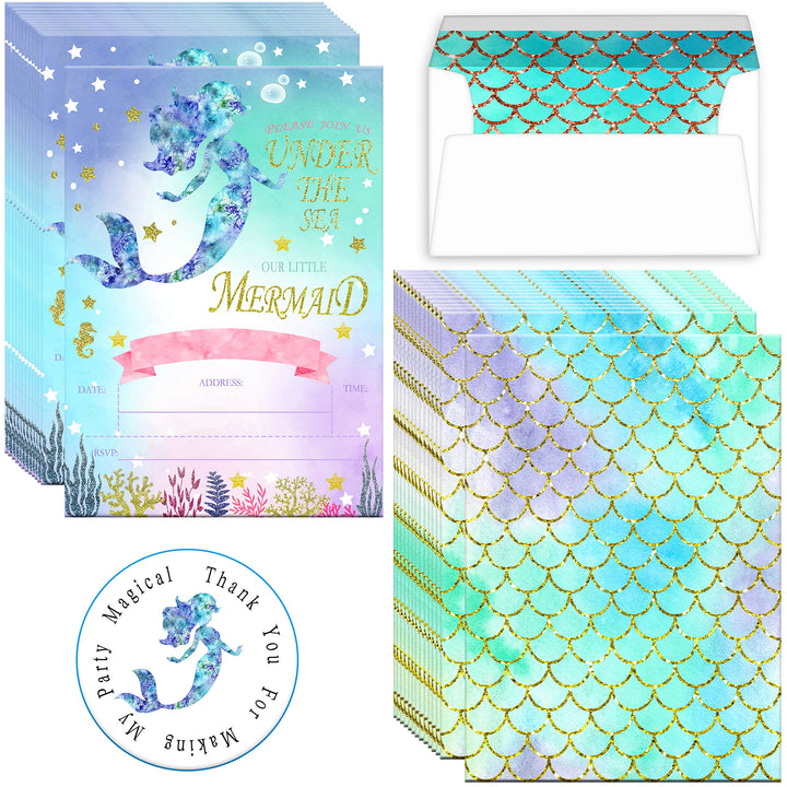Mermaid Invitations with Envelopes,Magical Glitter Mermaid Party Invitations,20 Fill in Mermaid Birthday Invitation Under The Sea Invitations
