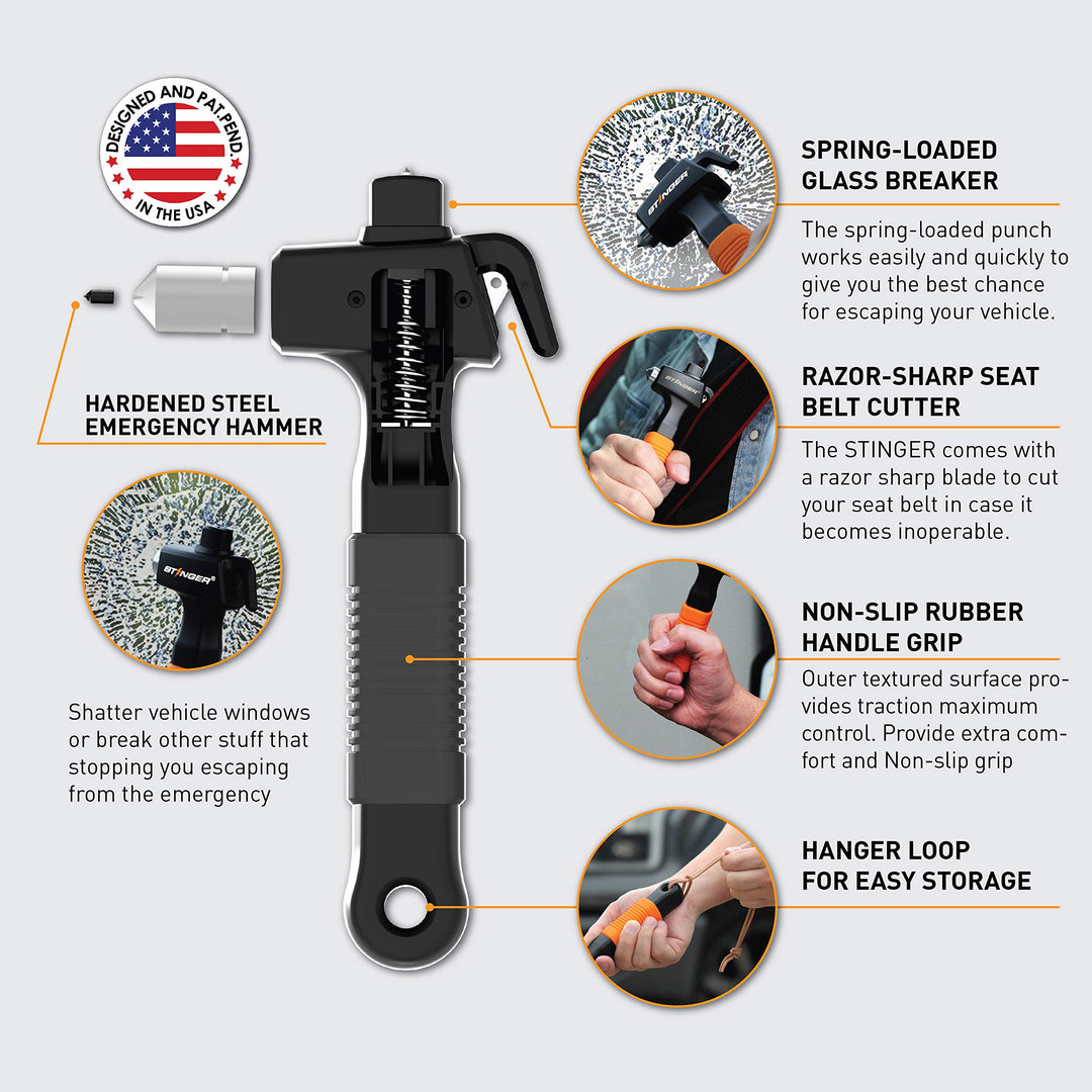 Super Duty Car Emergency Escape Tool, Hardened Carbon Steel Vehicle Safety Hammer, Spring Loaded Window Breaker, Razor Sharp Seat Belt Cutter, Auto Accident Life-Saving Rescue Tool (Black)