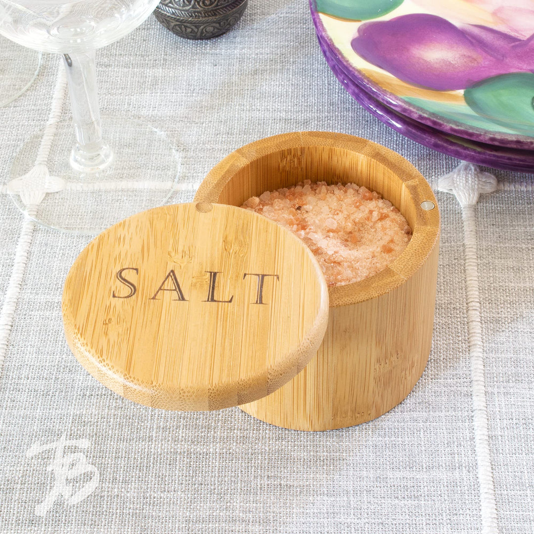 Salt Cellar Bamboo Storage Box with Magnetic Swivel Lid, 6 Ounce Capacity, Salt Engraved on Lid