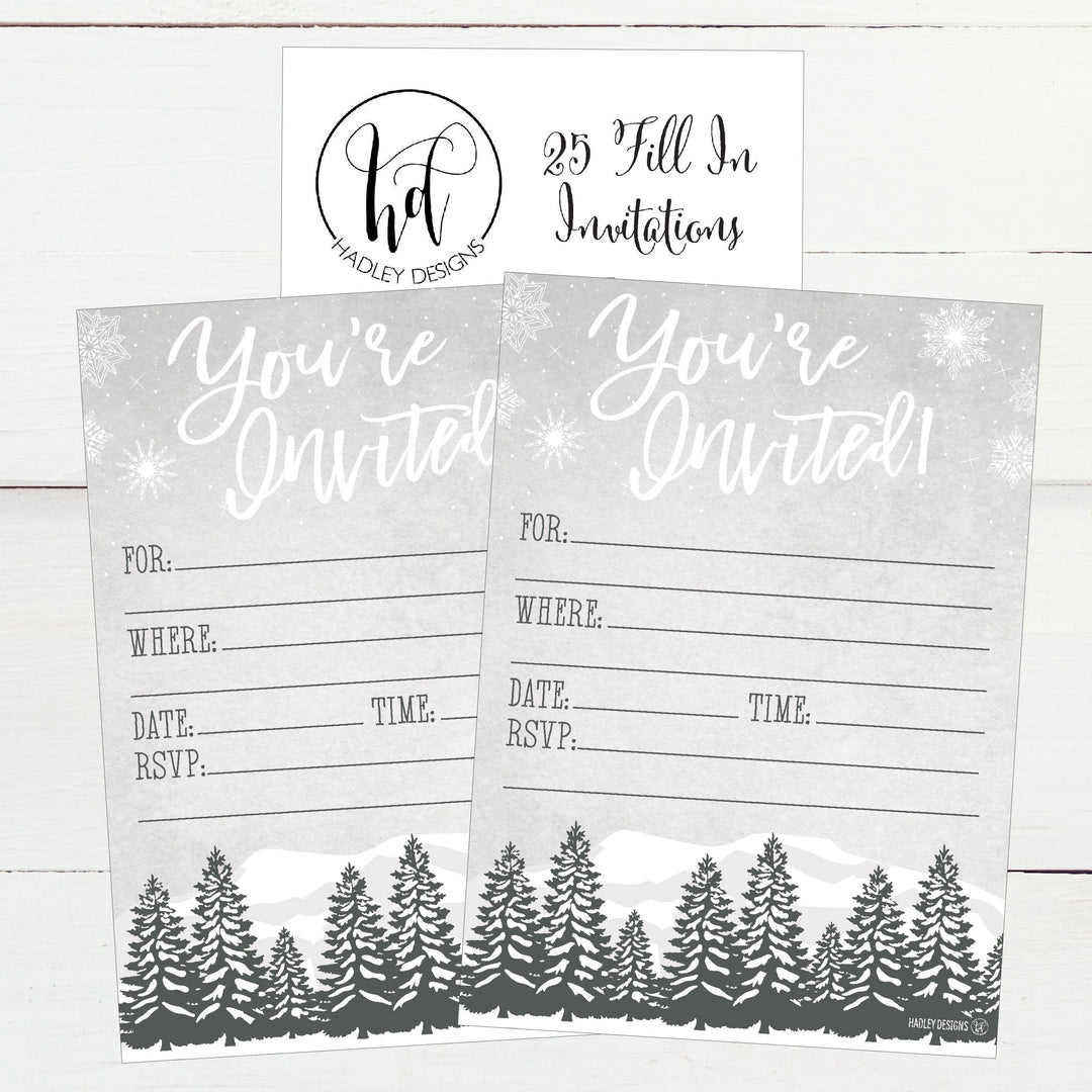 25 Woodland Christmas Holiday Invitations, Snowflake Winter New Years Bridal Or Baby Shower Invite Adult Kids Birthday Invitation Wedding Rehearsal Dinner Invites, Reception Anniversary, Housewarming