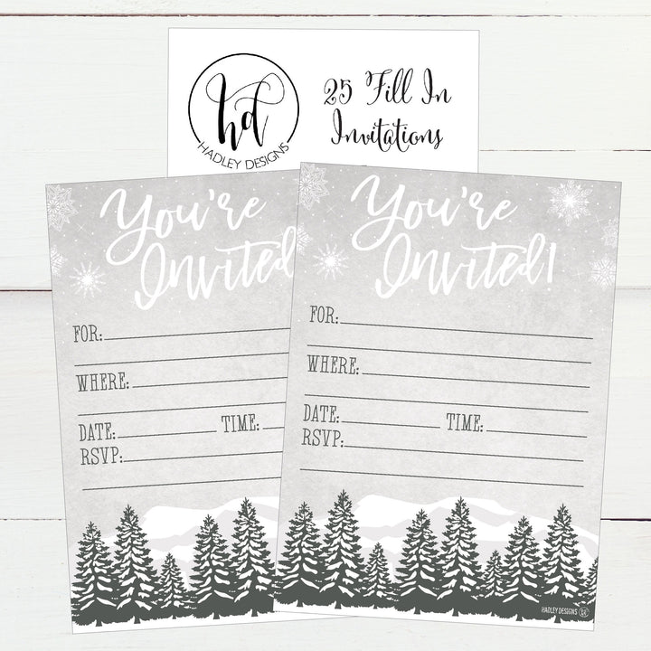 25 Woodland Christmas Holiday Invitations, Snowflake Winter New Years Bridal Or Baby Shower Invite Adult Kids Birthday Invitation Wedding Rehearsal Dinner Invites, Reception Anniversary, Housewarming