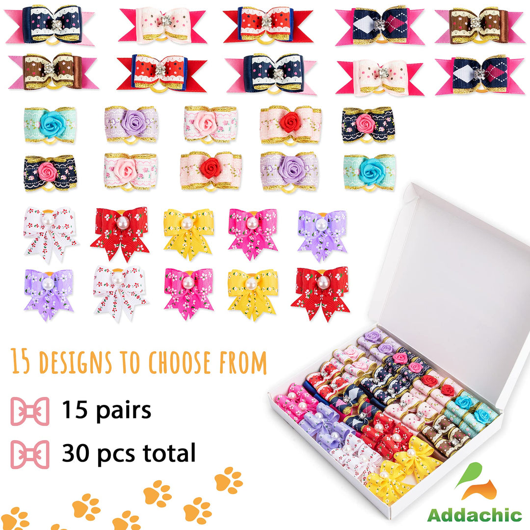 Addachic 30 Pcs/15 Pairs Quality Dog Bows with Rubber Bands and Rhinestone Pearls Cute Doggy Hair Bows Handmade Accessories for Puppy Yorkie Poodle Shih Tzu Hair Pet Grooming Accessories
