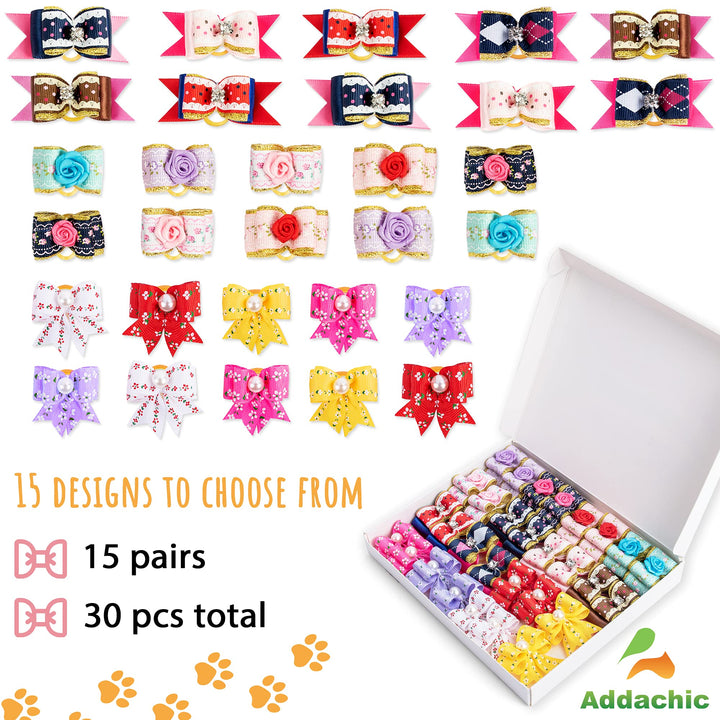 Addachic 30 Pcs/15 Pairs Quality Dog Bows with Rubber Bands and Rhinestone Pearls Cute Doggy Hair Bows Handmade Accessories for Puppy Yorkie Poodle Shih Tzu Hair Pet Grooming Accessories