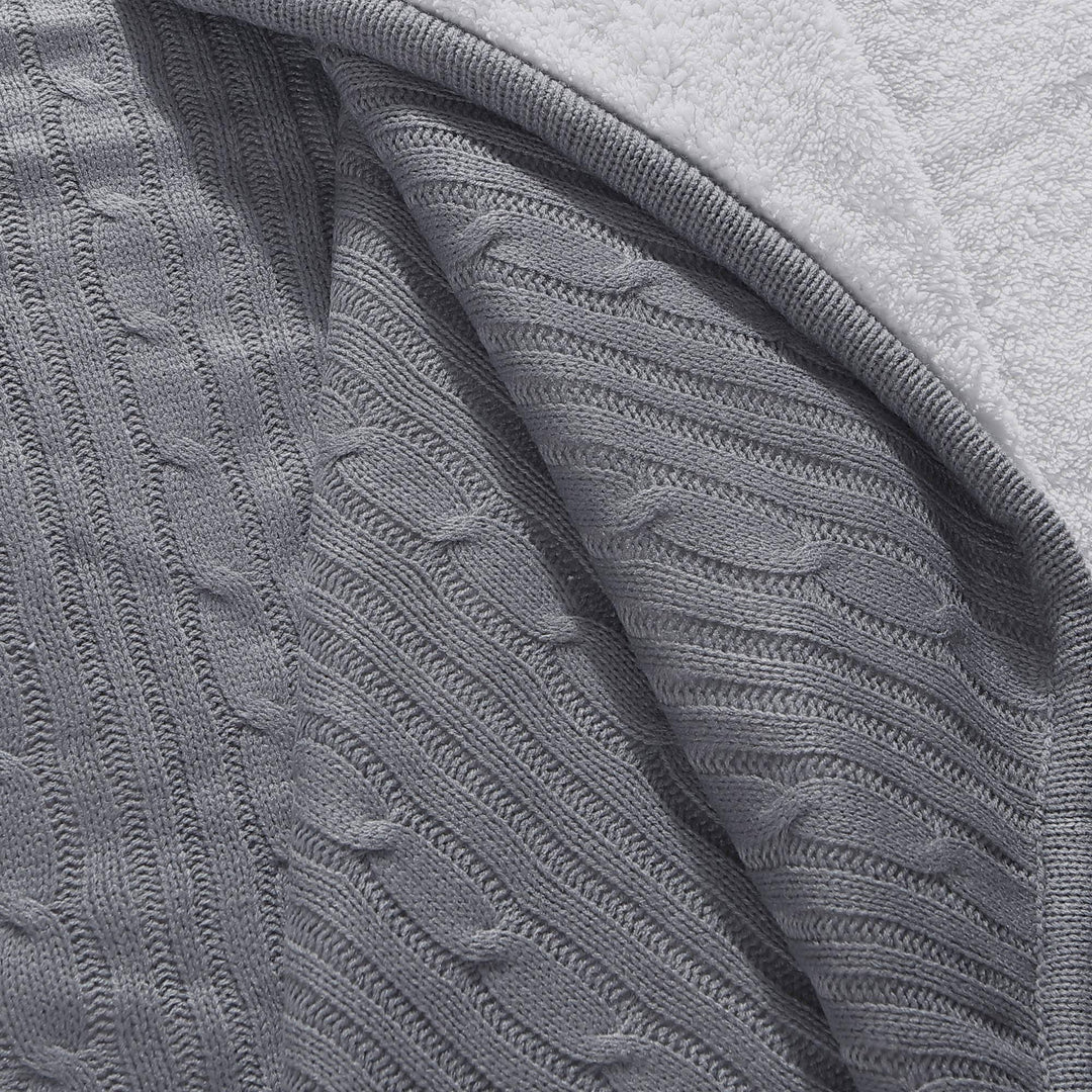 Cozy Cable Knit Throw Blanket - All Season Chic Thick Sweater Knitting for Couch Sofa Bed with Soft Sherpa Lining, Grey