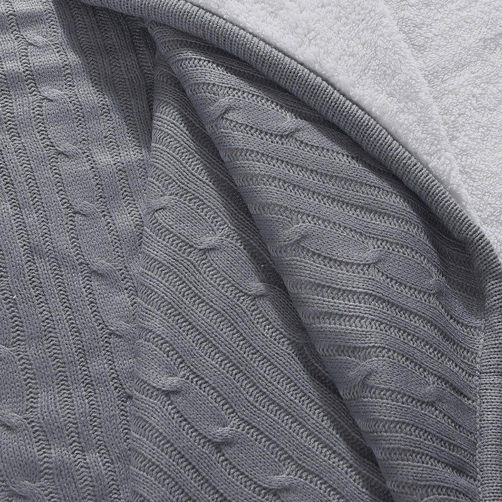 Cozy Cable Knit Throw Blanket - All Season Chic Thick Sweater Knitting for Couch Sofa Bed with Soft Sherpa Lining, Grey