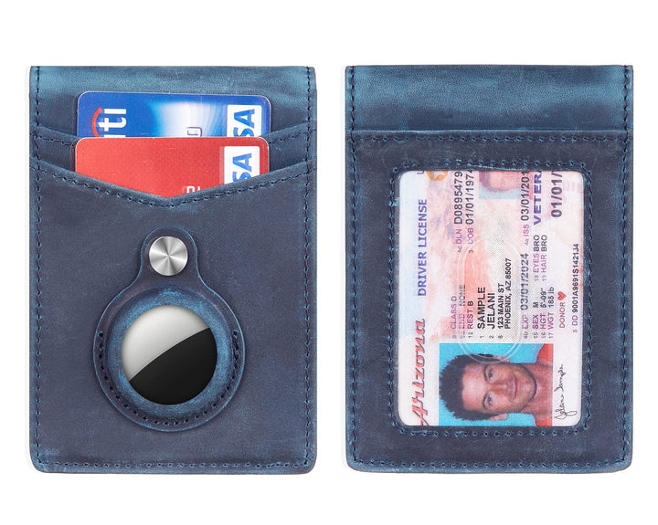 Hawanik Genuine Leather Wallet for AirTag Finder, Slim Bifold Wallet Money Clip with Built-in Holder for AirTag