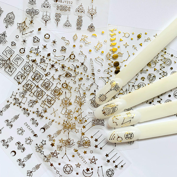 24 Sheets Nail Art Adhesive Gold Color Sticker Sheets Moon Star Universal Flower Shapes Sticker Sheets Nail Art Deco 10057