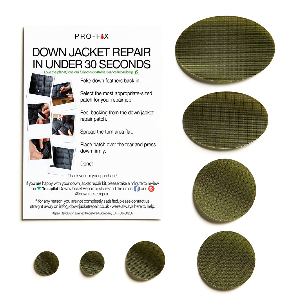 Pro-Fix Down Jacket Repair Patches Easy to Use, Pre-Cut, Self-Adhesive, Waterproof, Tear-Resistant Rip-Stop Nylon Fabric Patches for Jackets, Down Jacket Patches - Green Patches (Olive Green)